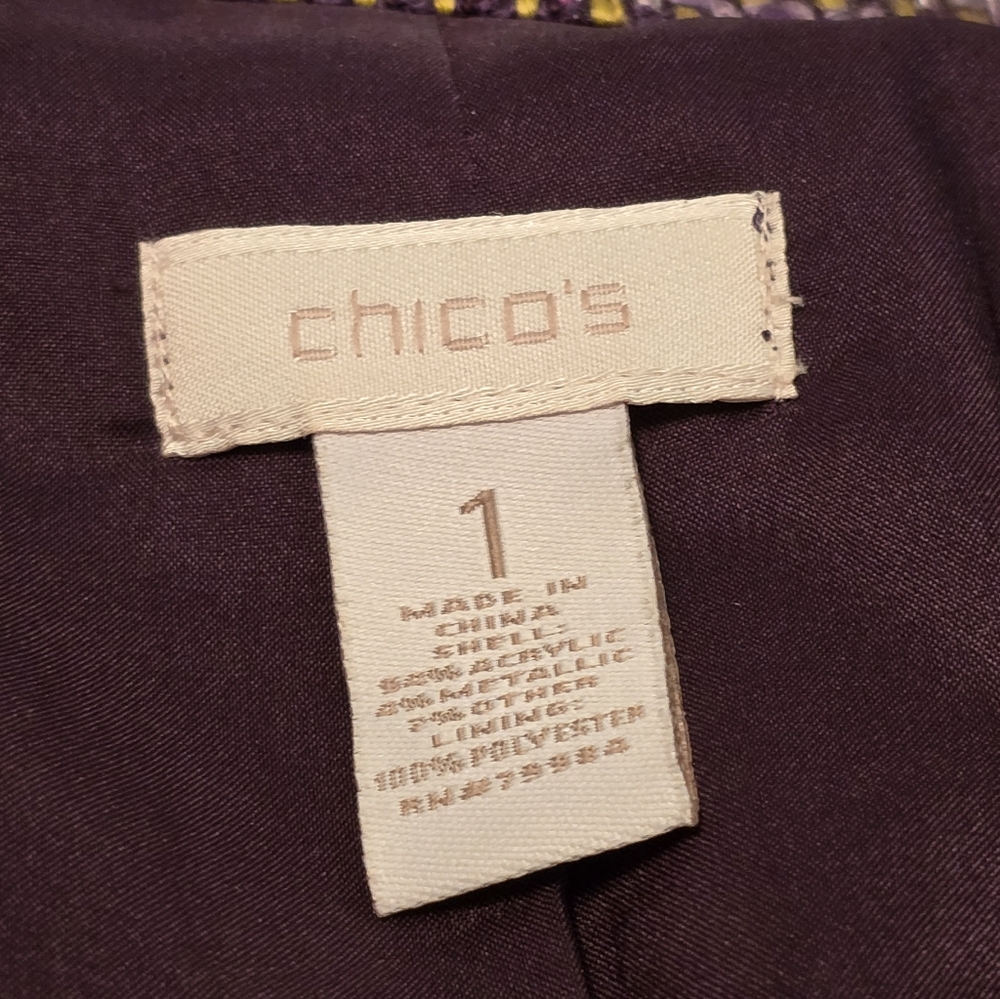Chico's Plum Chartreuese Metallic Tweed Oversized Blazer Women's Size 8 - Picture 5 of 6